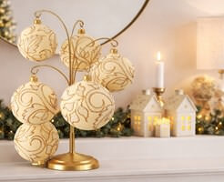 moderne juletræ med beige og guld julekugler